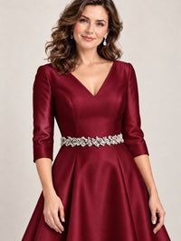 V-Neck Tea-Length Mother of the Bride Dress with Embellished Waist