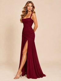 Wrap Pleated Prom Dress Scoop Neck with Slit Women Wedding Formal Dress