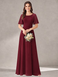 Scoop Neck A-line Chiffon Bridesmaid Dress with Flutter Sleeve & Belt