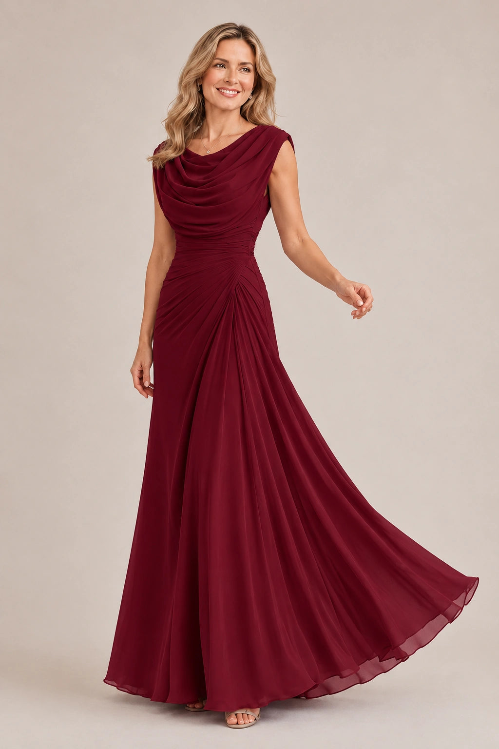 Cowl Neck Ruched Chiffon Mother of the Bride Dress