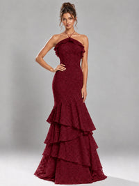 Halter Tiered Mermaid Prom Dress with Sparkly Lace
