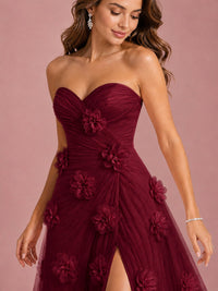 3D Floral Applique Strapless Tulle Prom Dress with High Slit