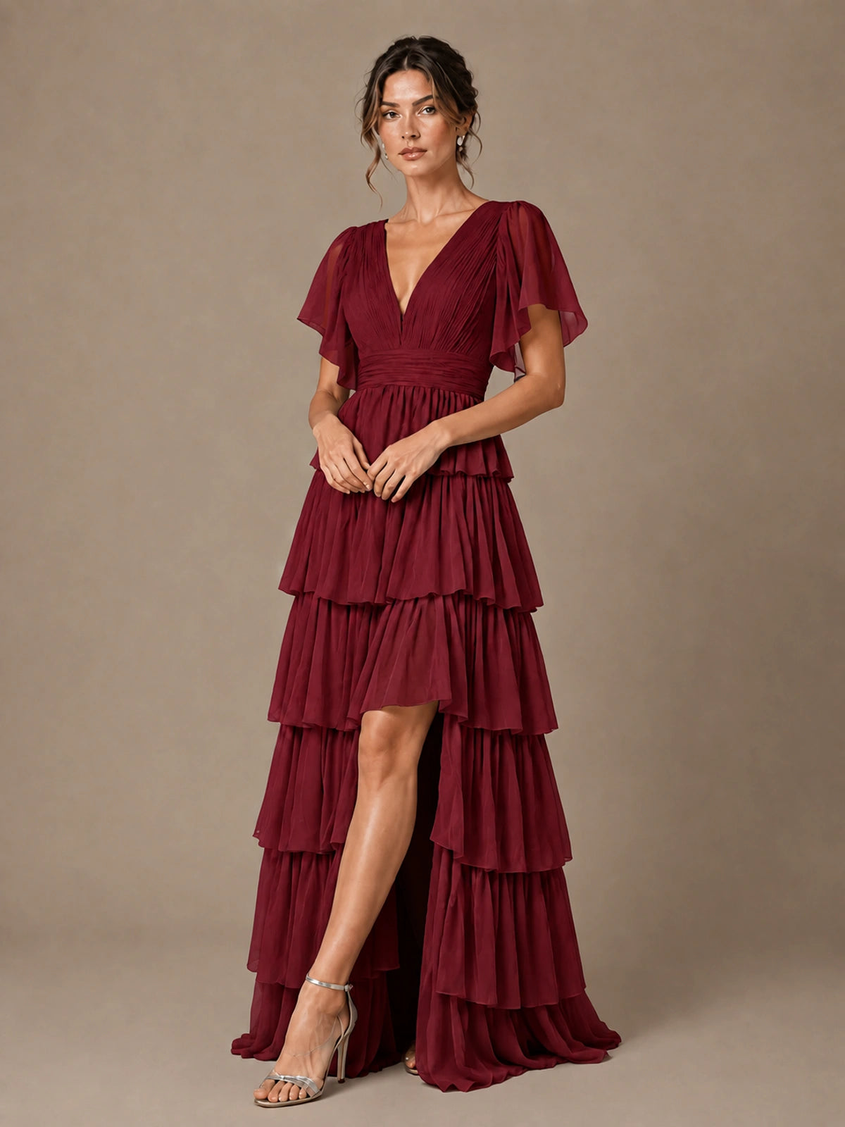 Chiffon V-Neck Tiered Ruffle Bridesmaid Dress with Slit
