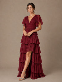 Chiffon V-Neck Tiered Ruffle Bridesmaid Dress with Slit
