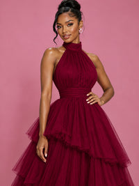 Hot Pink Tulle Halter Neck Tiered Ruffle Maxi Dress