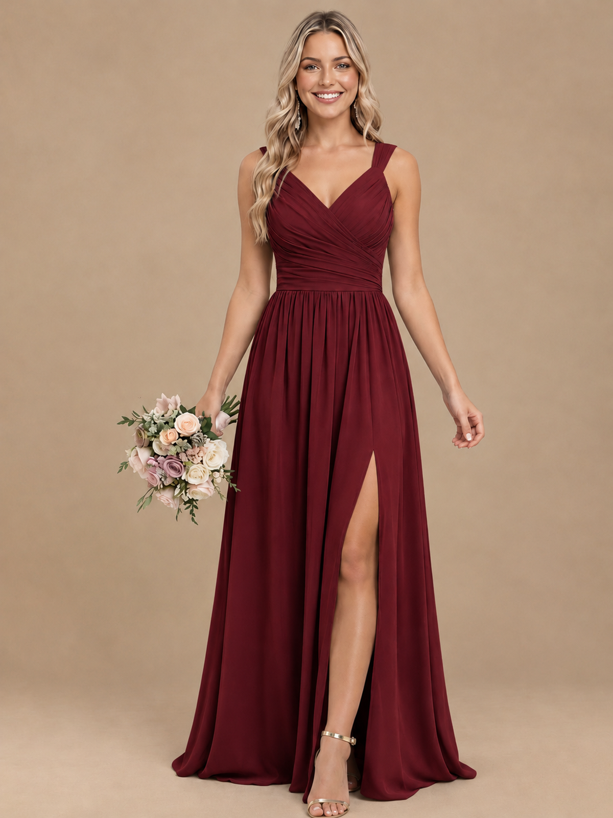 Pleated Chiffon V Neck Wedding Bridesmaid Dresses Floor Length with Slit