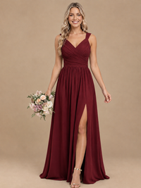 Pleated Chiffon V Neck Wedding Bridesmaid Dresses Floor Length with Slit
