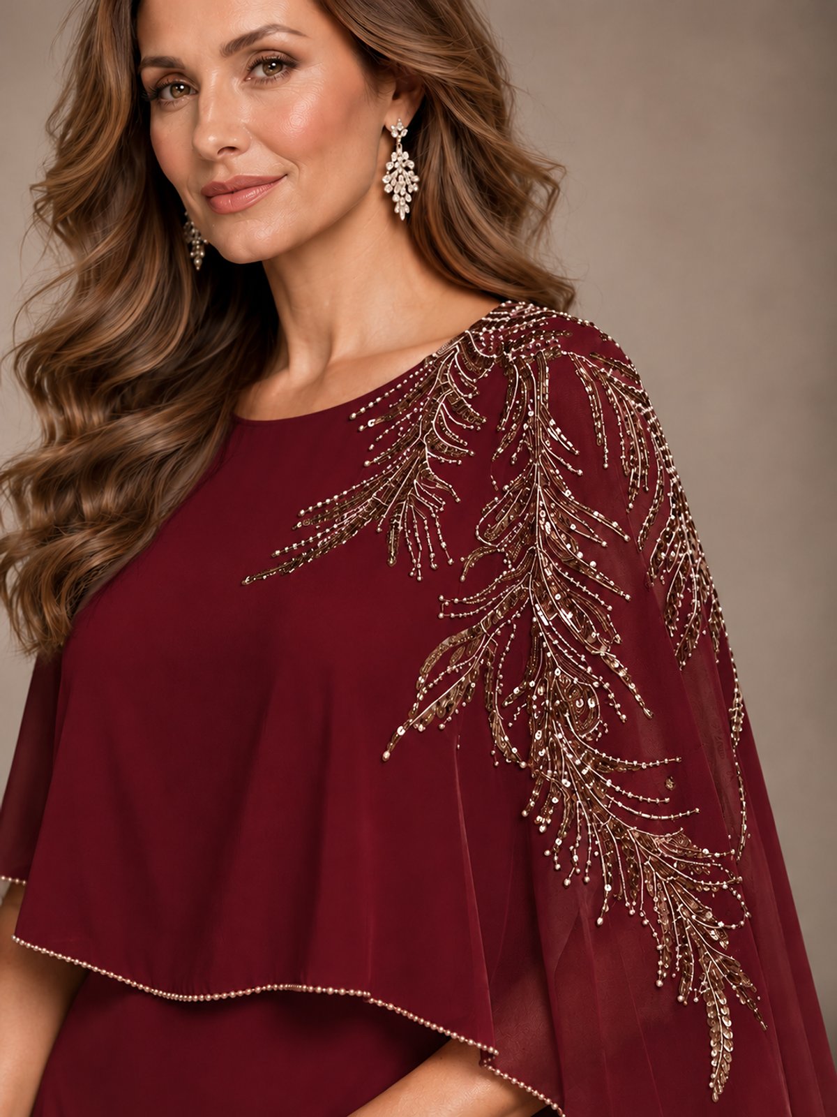 Elegant Chiffon Cape Sleeve Beaded Mother of the Bride Dress