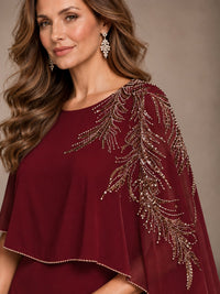 Elegant Chiffon Cape Sleeve Beaded Mother of the Bride Dress
