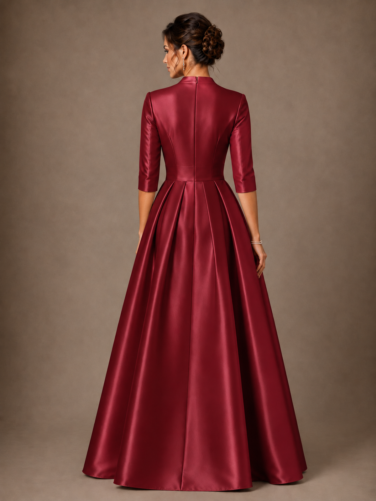V-Neck Pleated Satin Mother of the Bride Gown with 3/4 Sleeves
