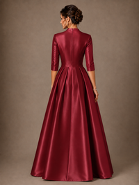 V-Neck Pleated Satin Mother of the Bride Gown with 3/4 Sleeves