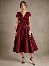 Burgundy V-Neck Tea-Length Satin Mother of the Bride Dress with Bow Jovellee