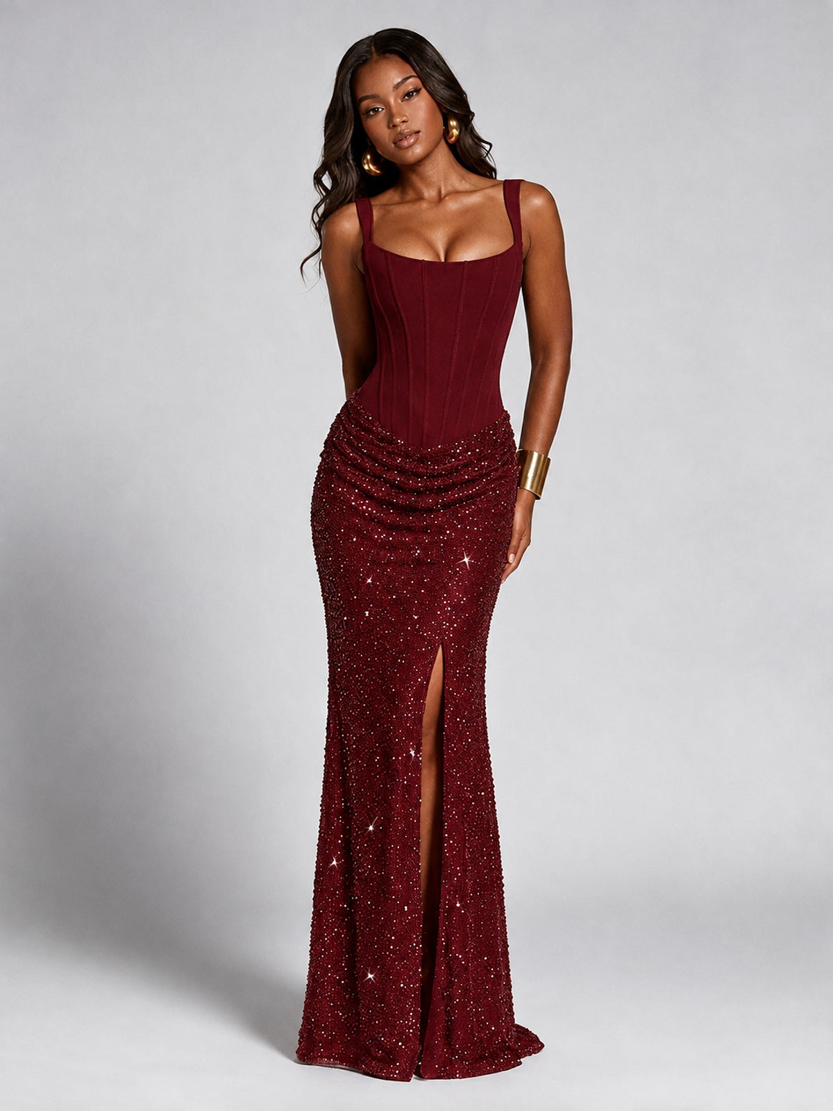 Sequin Corset Mermaid Prom Dress with Square Neck Wide Strap High Slit