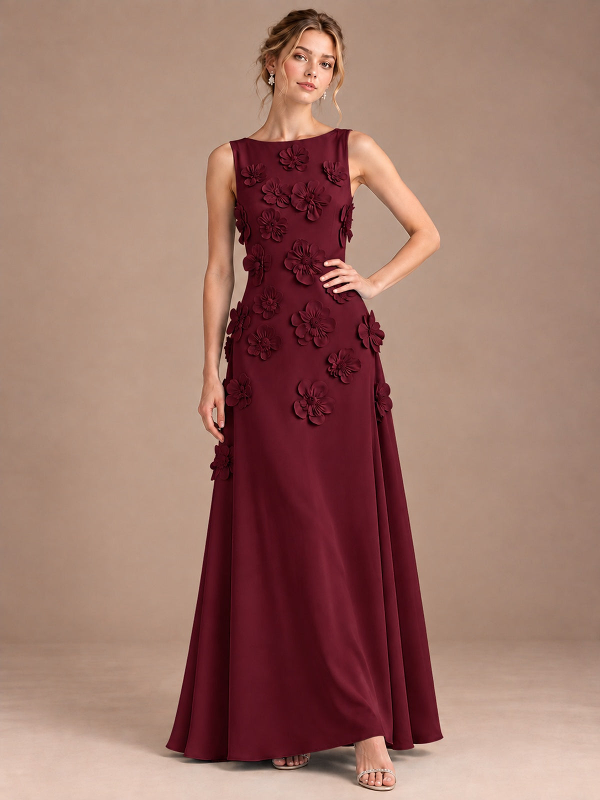 3D Floral Applique Sleeveless Formal Maxi Dress