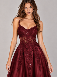 Lace Applique Satin A-Line Prom Dress with Sheer Bodice