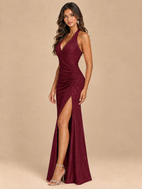 Halter V-Neck Sequin Mermaid Prom Dress with High Slit