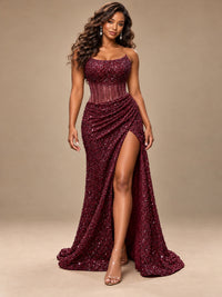 Gold Sequin Strapless Corset Prom Dress with High Slit