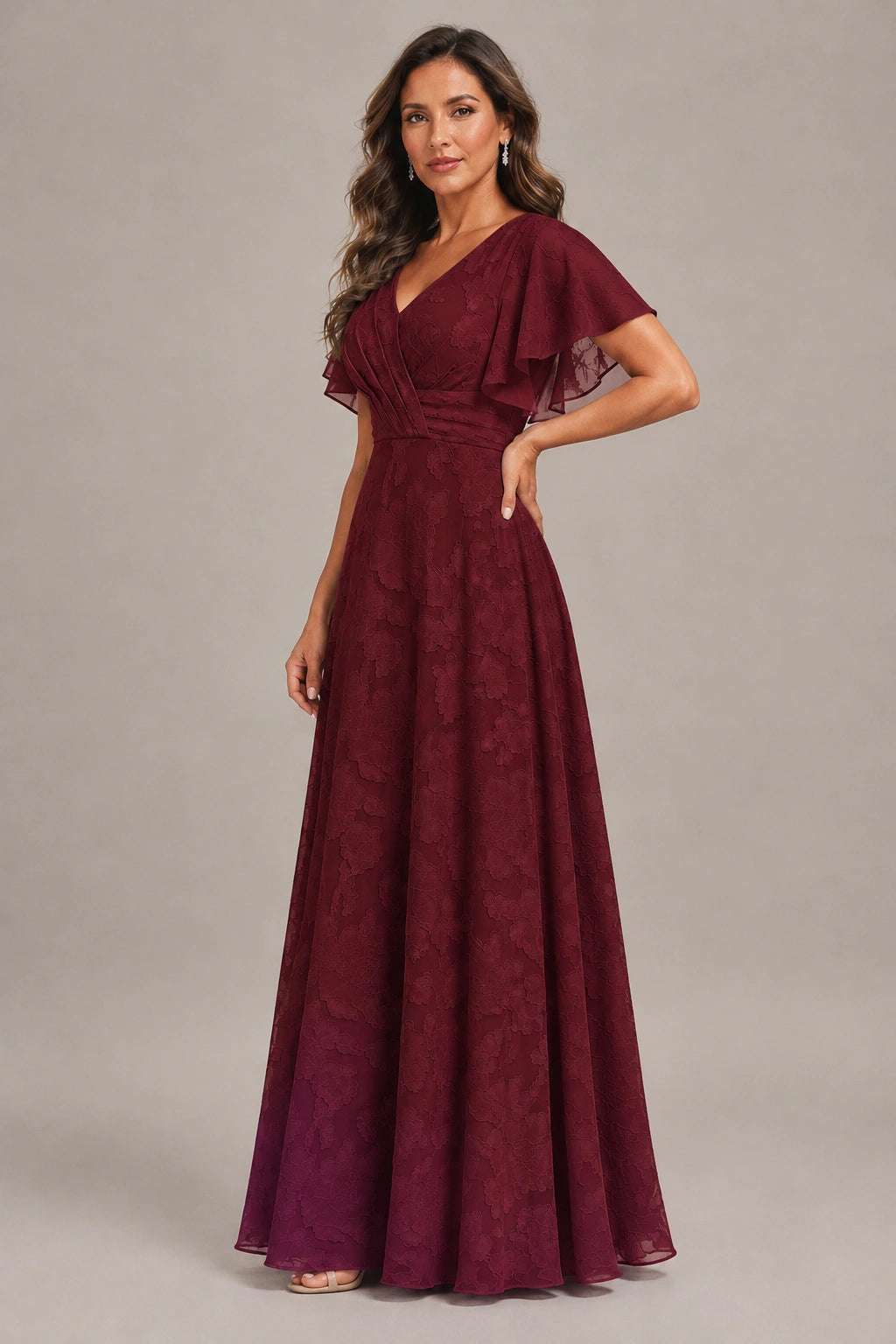 Jovellee Floral Chiffon A-Line Mother of the Bride Dress with Flutter Sleeves