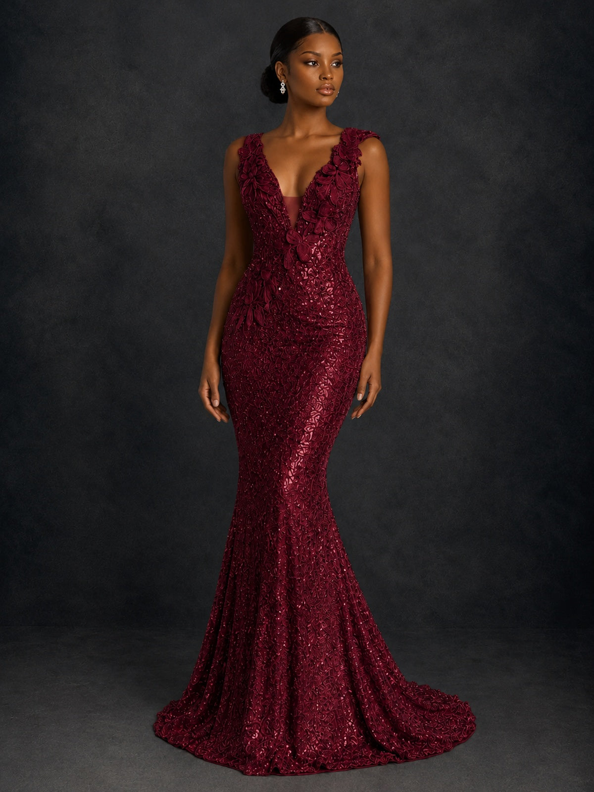 Gold Sequin Floral Applique Mermaid Prom Dress