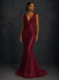 Gold Sequin Floral Applique Mermaid Prom Dress