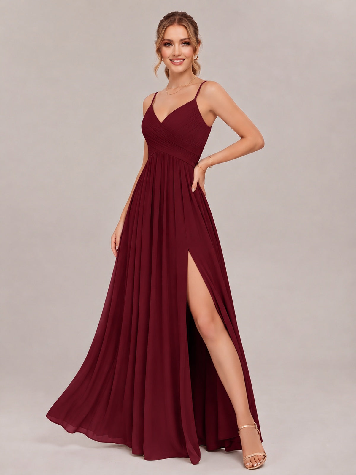V-Neck Pleated Chiffon Long Bridesmaid Dress with Slit