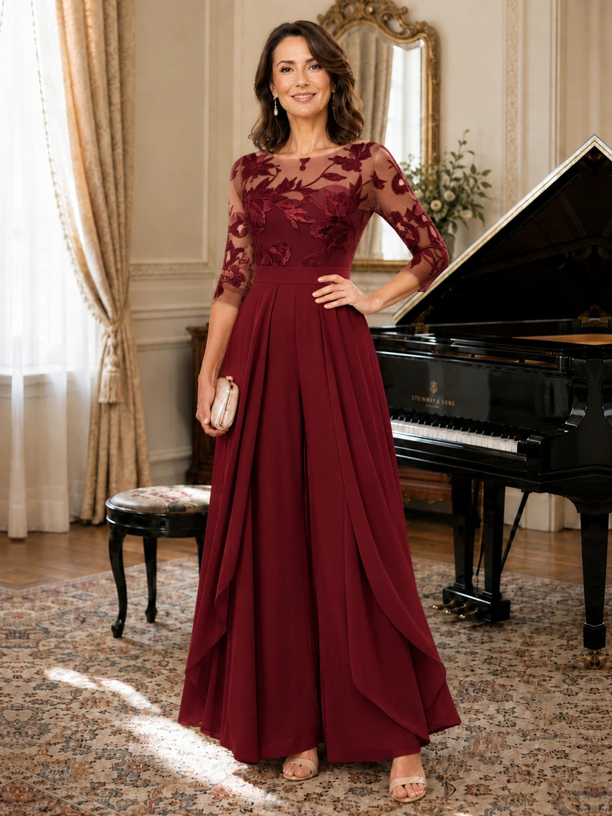 Lace Applique Wide-Leg Chiffon Mother of the Bride Jumpsuit