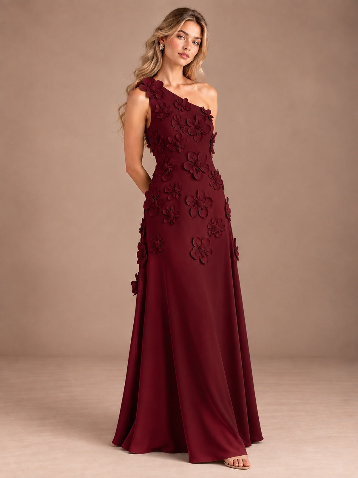 Sage Green One Shoulder Satin Formal Maxi Dress with 3D Floral