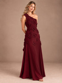 Sage Green One Shoulder Satin Formal Maxi Dress with 3D Floral