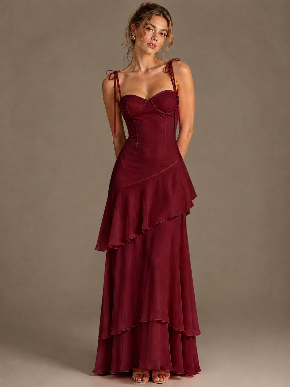 Spaghetti Strap Tiered Ruffles Chiffon Prom Dress