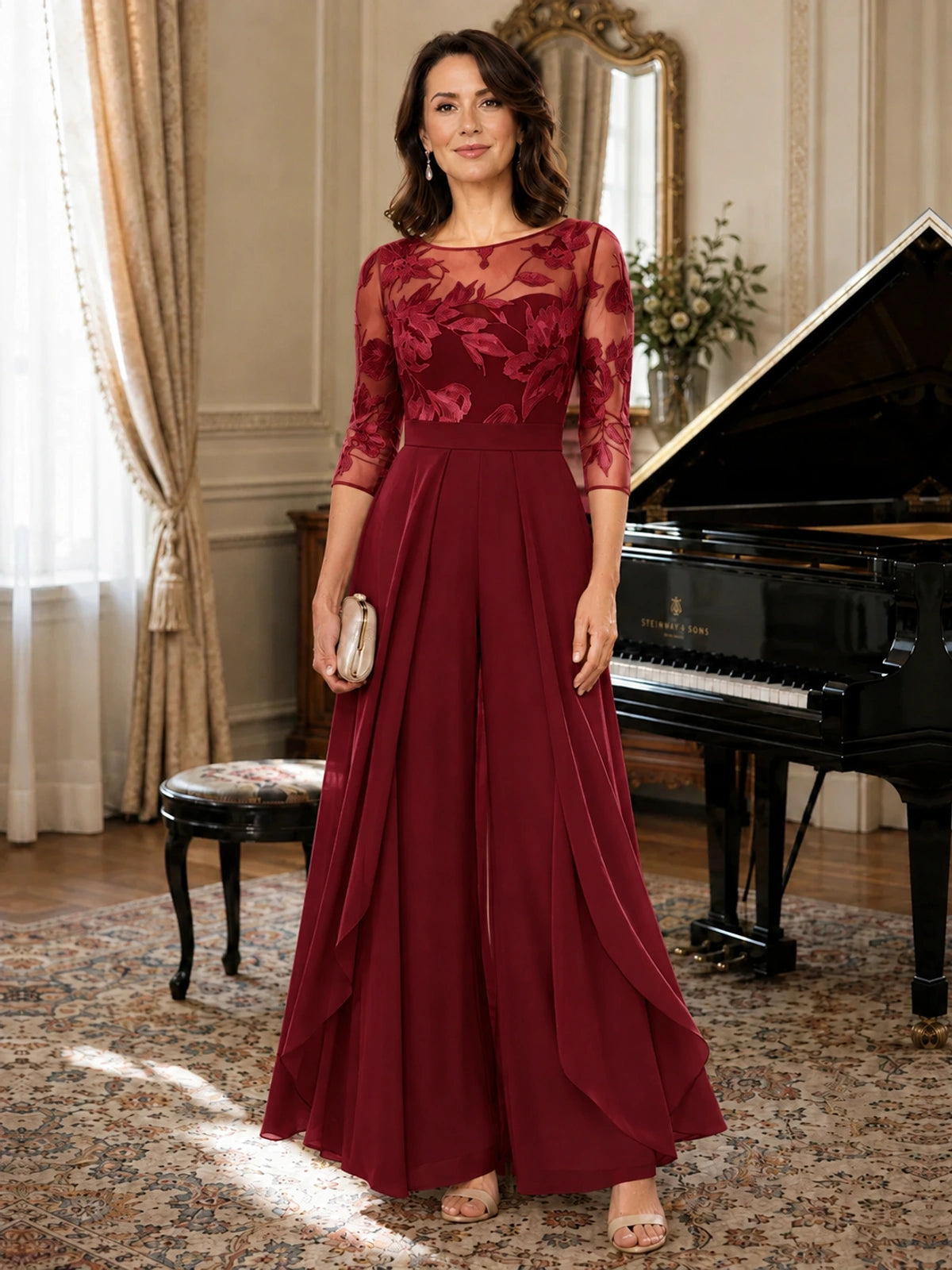 Lace Applique Wide-Leg Chiffon Mother of the Bride Jumpsuit