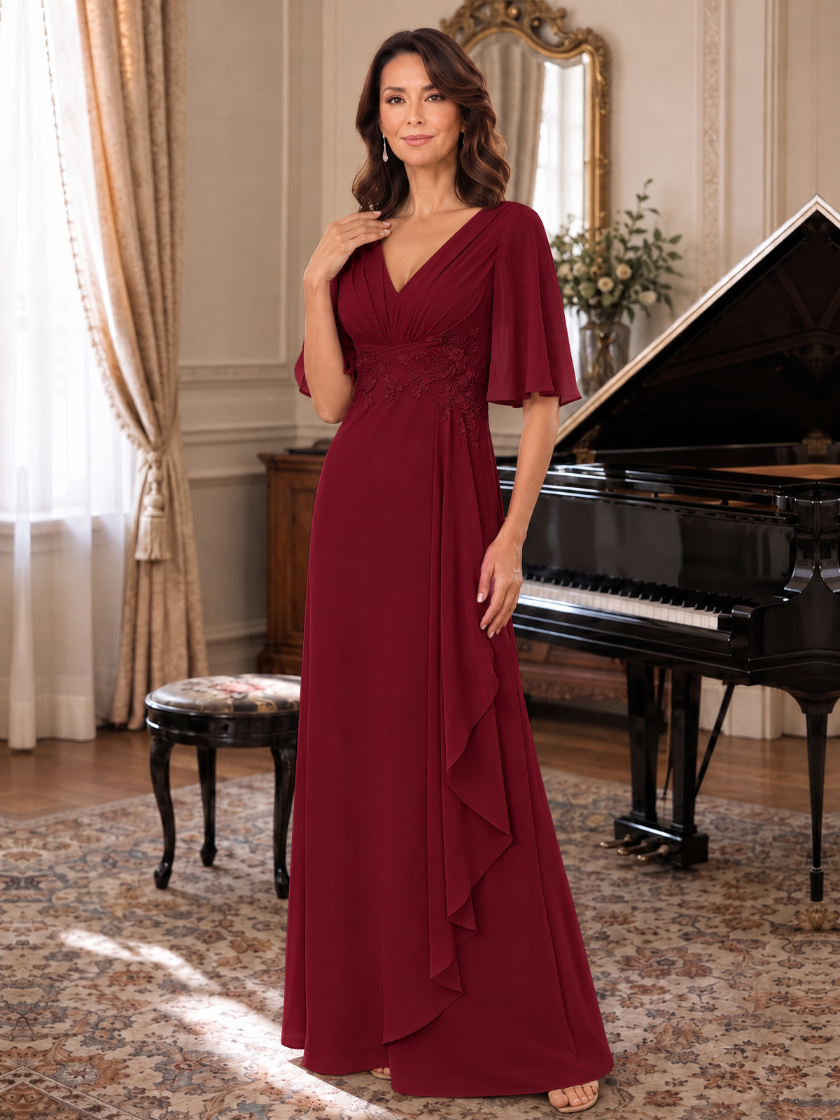 V-Neck Chiffon Lace Mother of the Bride Dresses