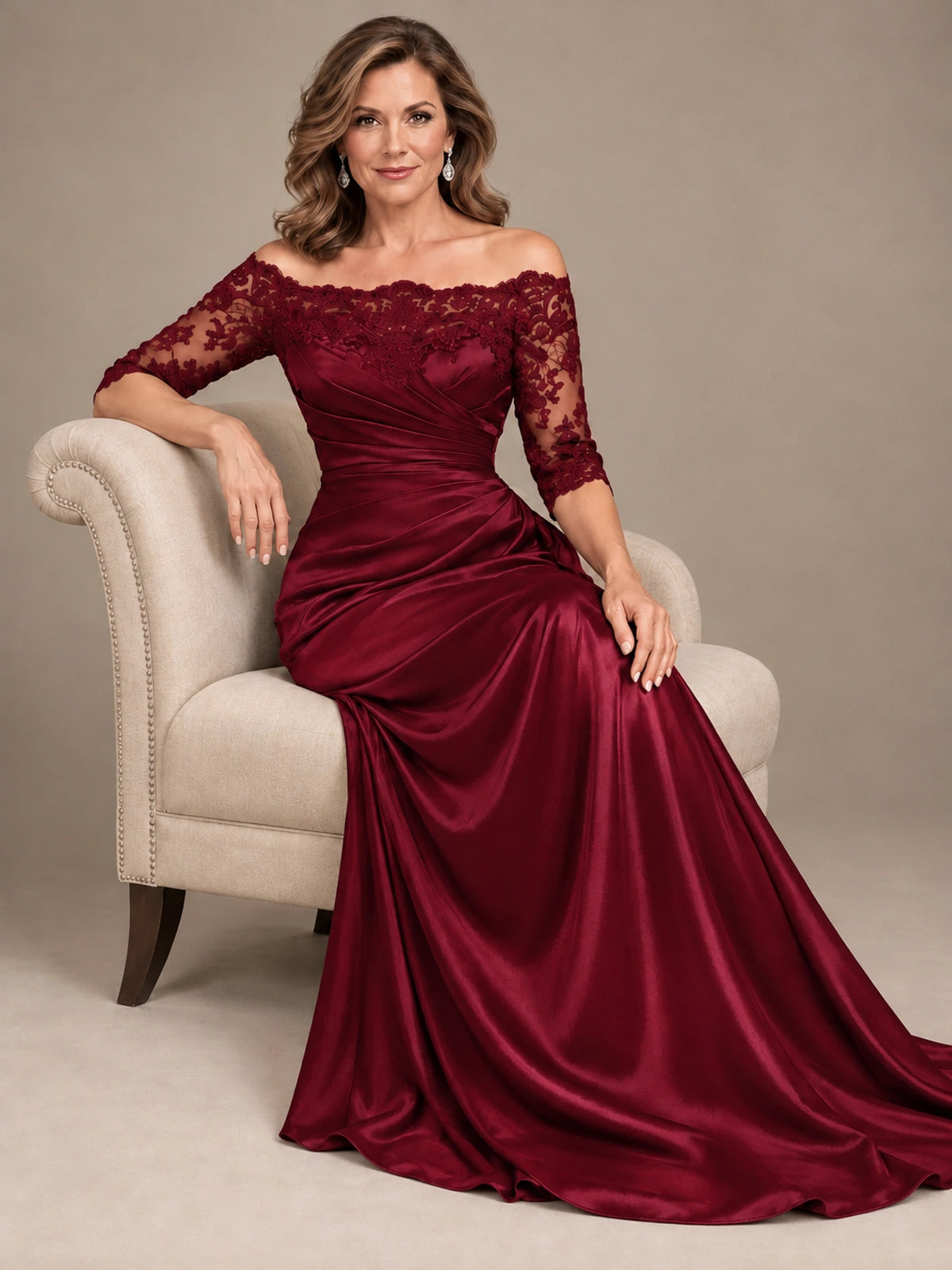 Satin Mother of the Bride Dress with Lace Sleeves Off Shoulder Formal Gown