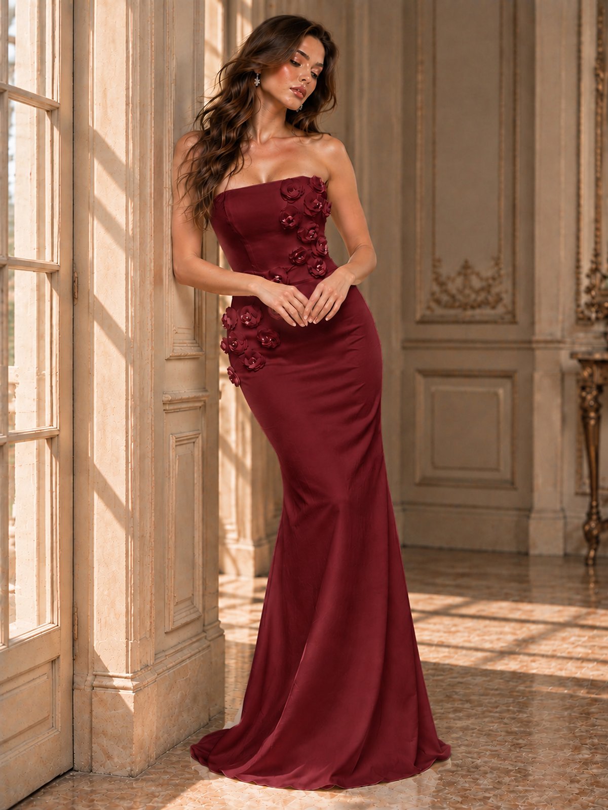 White Strapless Mermaid Maxi Dress with 3D Floral Appliques