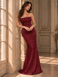 White Strapless Mermaid Maxi Dress with 3D Floral Appliques