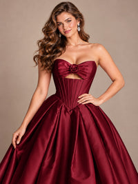 Pink Strapless Corset Satin Prom Derss & Ball Gown with 3D Floral