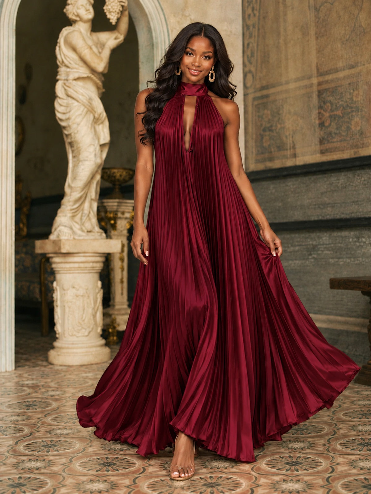 Rust Orange Pleated Halter Neck Maxi Dress