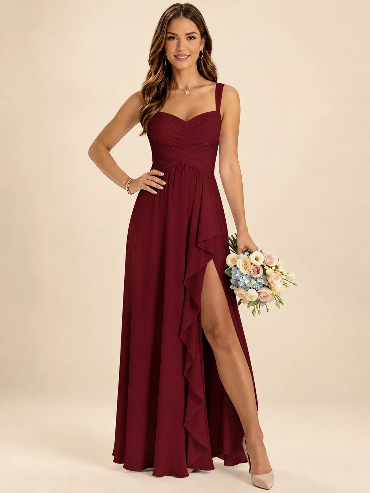 Spaghetti Straps Pleated Chiffon Bridesmaid Dress with Ruffle Slit