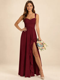 Spaghetti Straps Pleated Chiffon Bridesmaid Dress with Ruffle Slit