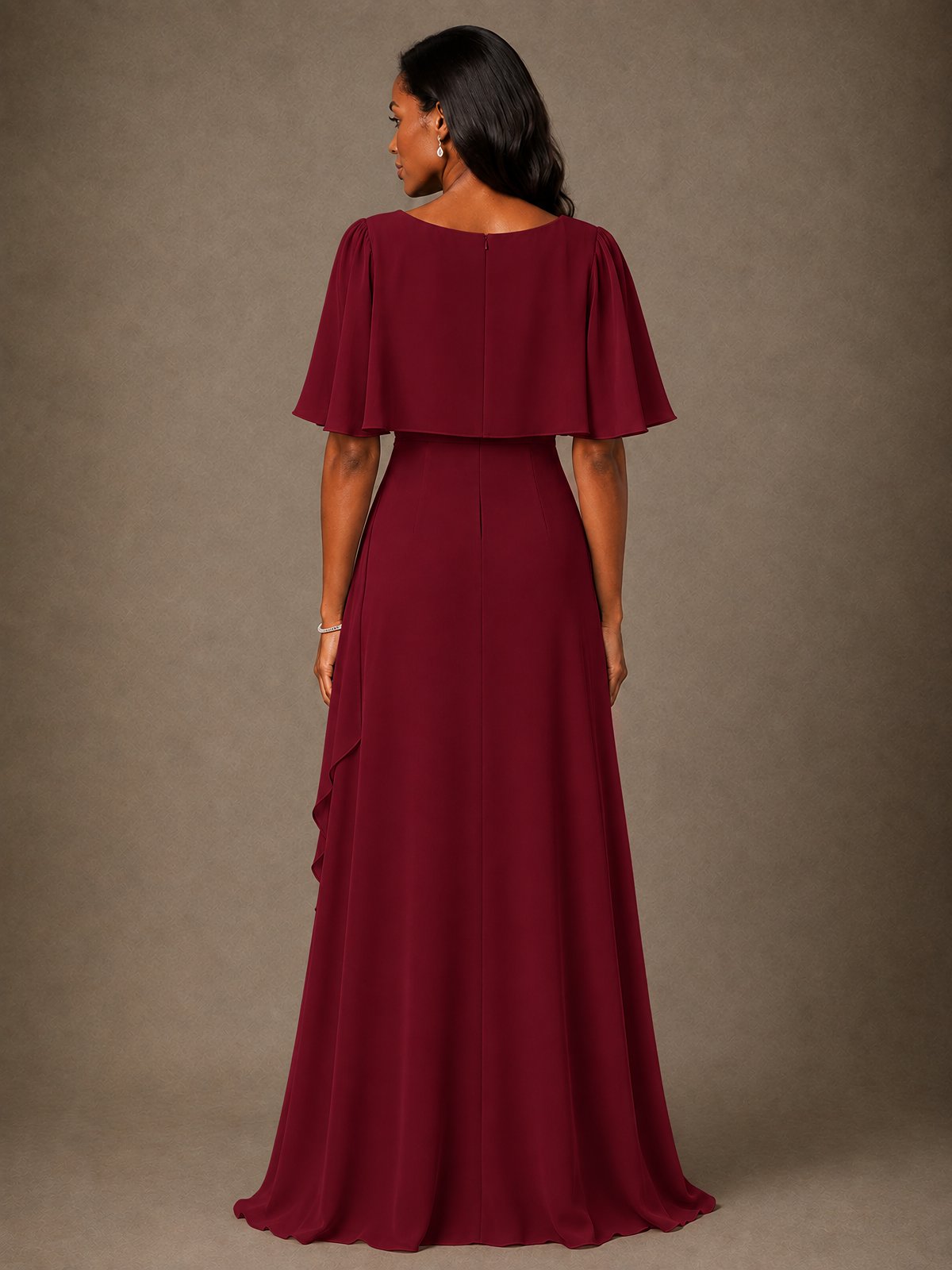 Taupe Chiffon A-Line Mother of the Bride Dress with Cape Sleeves