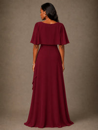 Taupe Chiffon A-Line Mother of the Bride Dress with Cape Sleeves