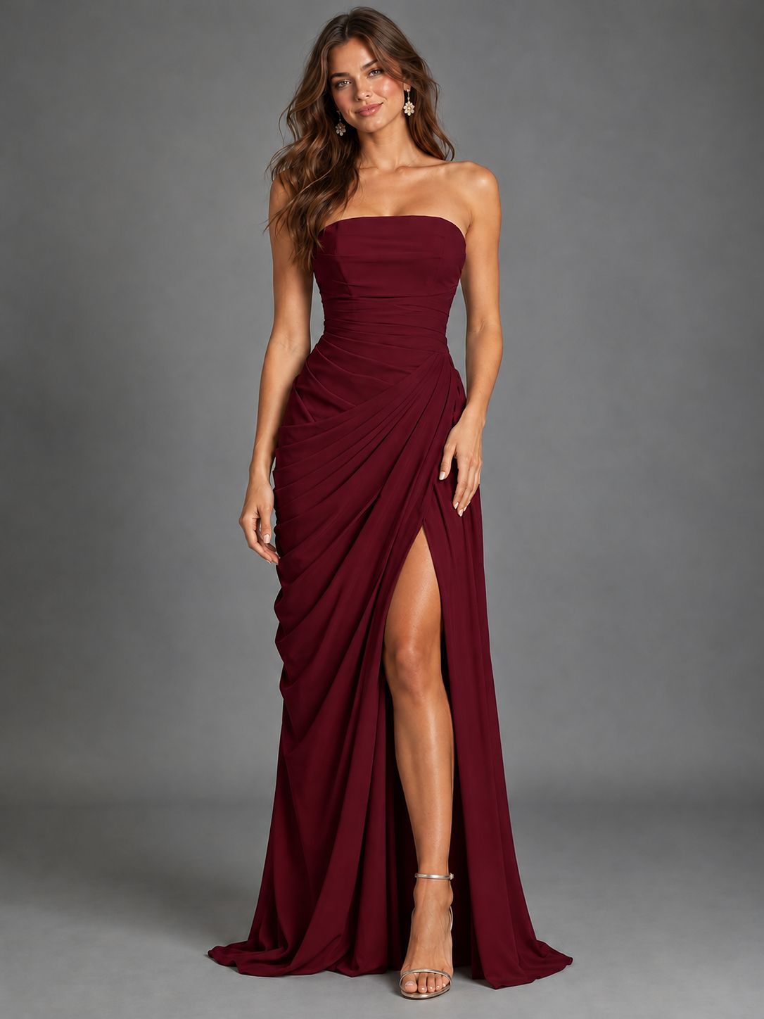Strapless Bodycon Pleated Chiffon Formal Dress with Slit