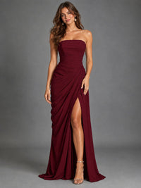Strapless Bodycon Pleated Chiffon Formal Dress with Slit