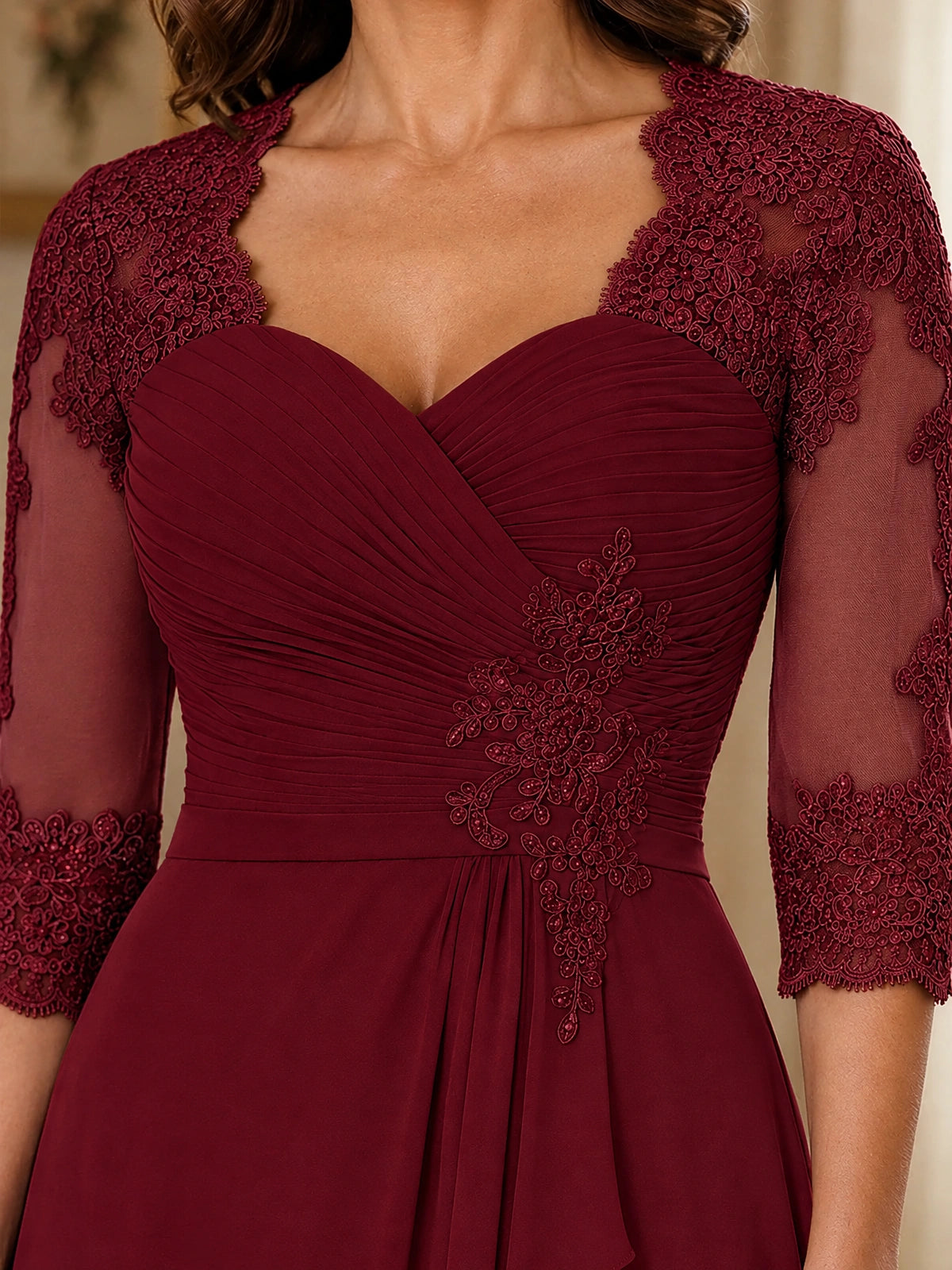 Chiffon Lace Applique Mother of the Bride Dress with 3/4 Sleeves