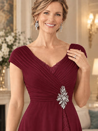 Pleated Chiffon Lace Mother of The Bride Dresses with Beading Cap Sleeves