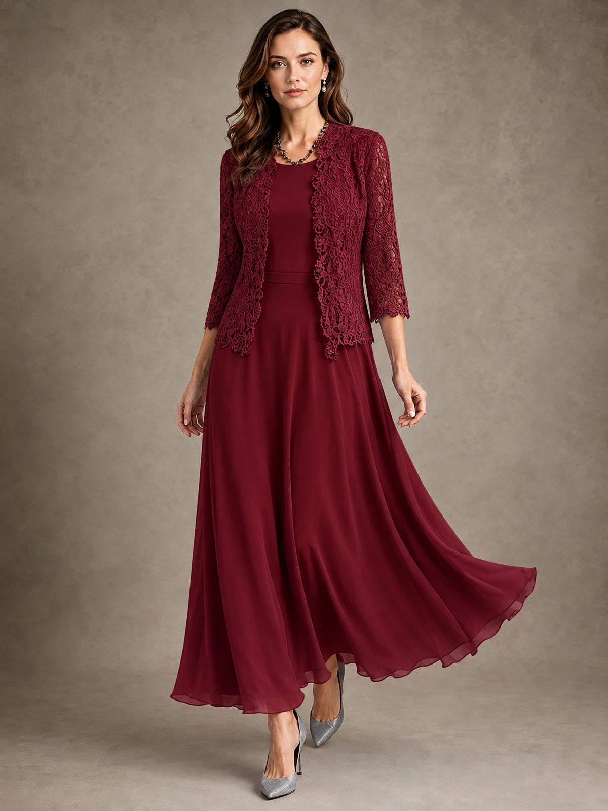 2-Piece Chiffon Mother of the Bride Dress with Lace Jacket