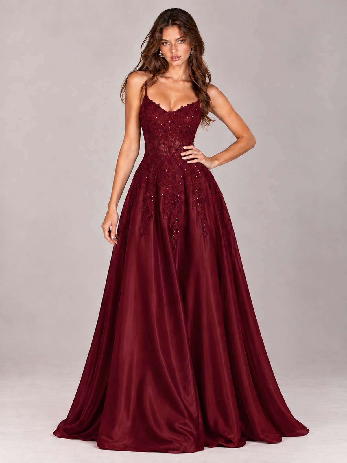 Lace Applique Satin A-Line Prom Dress with Sheer Bodice