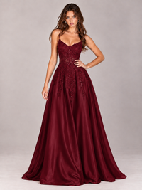 Lace Applique Satin A-Line Prom Dress with Sheer Bodice