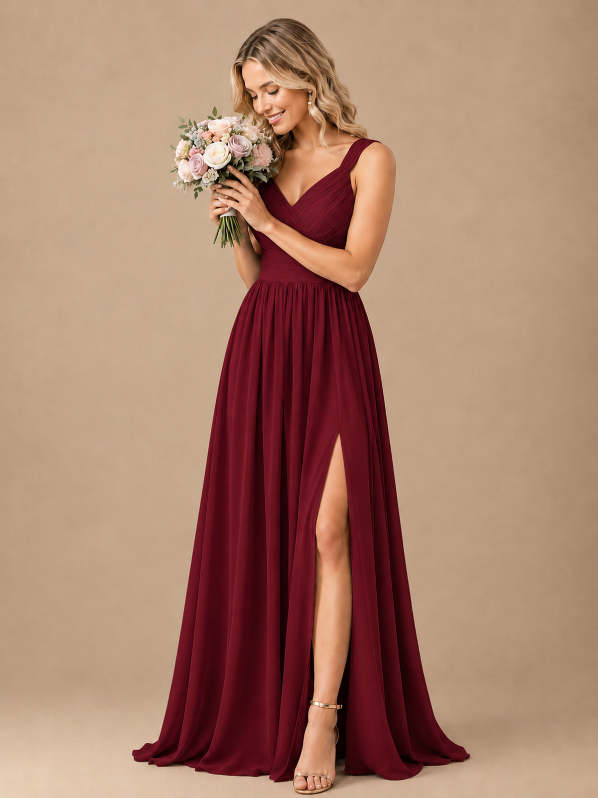 Pleated Chiffon V Neck Wedding Bridesmaid Dresses Floor Length with Slit