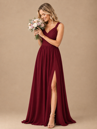 Pleated Chiffon V Neck Wedding Bridesmaid Dresses Floor Length with Slit