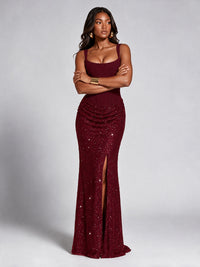 Sequin Corset Mermaid Prom Dress with Square Neck Wide Strap High Slit